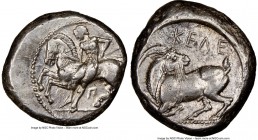 CILICIA. Celenderis. Ca. 425-350 BC. AR stater (20mm, 5h). NGC Choice XF. Youthful nude male rider, reins in right hand, kentron in left, dismounting ...
