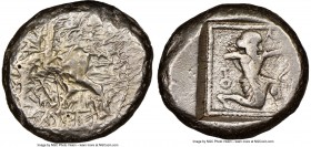 CILICIA. Tarsus. Ca. late 5th century BC. AR stater (20mm,10.34gm 12h). NGC VF 2/5 - 3/5. Satrap on horseback riding left, reins in left hand, lotus u...