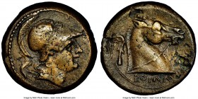 Anonymous. Ca. 241-325 BC. AE litra (16mm, 12h). NGC Choice VF, flan flaws. Sickle series, Rome, ca. 240 BC. Helmeted head of Mars right / ROMA, bridl...