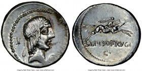 L. Calpurnius Piso Frugi (90 BC). AR denarius (19mm, 3.93 gm, 5h). NGC MS 4/5 - 3/5. Rome. Laureate head of Apollo right; Y behind, C below chin / L P...