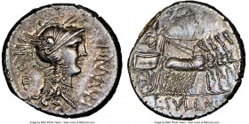 L. Cornelius Sulla as Imperator and L. Manlius Torquatus as Proquaestor (82 BC). AR denarius (16mm, 3.82 gm, 7h). NGC MS S 5/5 - 5/5. Military mint in...