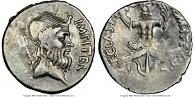 Sextus Pompey (42 BC). AR denarius (20mm, 3.88 gm, 10h). NGC VF 3/5 - 4/5. Uncertain mint in Sicily. MAG PIVS IMP ITER, diademed head of Neptune right...
