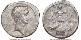 Octavian, as Sole Imperator (31-27 BC). AR denarius (20mm, 9h). NGC Choice Fine, bankers mark. Uncertain Italian mint, ca. 30-29 BC. Anepigraphic, hea...