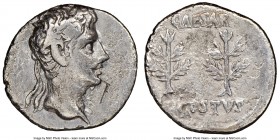 Augustus (27 BC-AD 14). AR denarius (19mm, 6h). NGC Fine, bankers mark. Uncertain Spanish mint (Colonia Patricia?), ca. 20-16 BC. Laureate head of Aug...