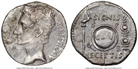 Augustus (27 BC-AD 14). AR denarius (18mm, 5h). NGC VF, bankers mark. Spain (Tarraco?), ca. 19/8 BC. CAESAR-AVGVSTVS, bare head of Augustus left / SIG...