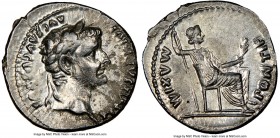Tiberius (AD 14-37). AR denarius (19mm, 3h). NGC Choice VF. Lugdunum. TI CAESAR DIVI-AVG F AVGVSTVS, laureate head of Tiberius right / PONTIF-MAXIM, L...