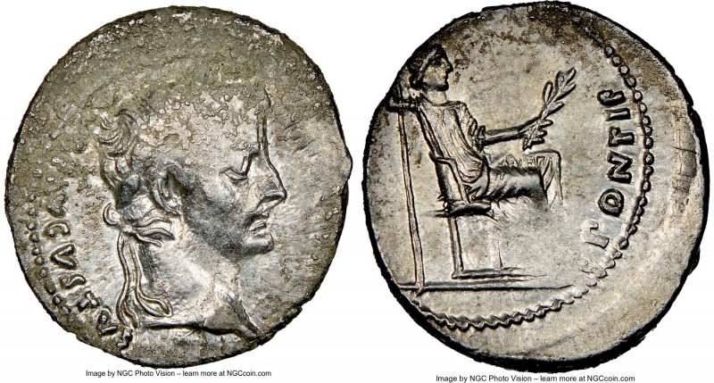 Tiberius (AD 14-37). AR denarius (19mm, 5h). NGC Fine. Lugdunum. TI CAESAR DIVI-...