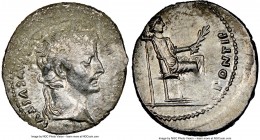Tiberius (AD 14-37). AR denarius (19mm, 5h). NGC Fine. Lugdunum. TI CAESAR DIVI-AVG F AVGVSTVS, laureate head of Tiberius right / PONTIF-MAXIM, Livia ...