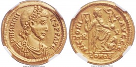 Honorius, Western Roman Empire (AD 393-423). AV solidus (21mm, 4.41 gm, 6h). NGC Choice XF 5/5 - 2/5, smoothing. Ravenna, ca. AD 395-423. D N HONORI-V...