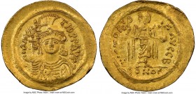 Maurice Tiberius (AD 582-602). AV solidus (23mm, 7h). NGC MS. Constantinople, 2nd officina. o N mAVRC-TIb PP AVG, draped and cuirassed bust of Maurice...