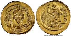 Phocas (AD 602-610). AV solidus (21mm, 4.46 gm, 7h). NGC MS 5/5 - 4/5. Constantinople, 9th officina, AD 607-609. d NN FOCAS-PЄRP AVG, crowned, draped ...