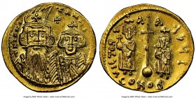 Constans II Pogonatus (AD 641-668), with Constantine IV, Heraclius and Tiberius. AV solidus (20mm, 4.46 gm, 7h). NGC MS 5/5 - 4/5. Constantinople, 10t...