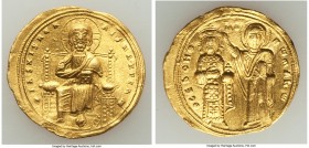 Romanus III Argyrus (AD 1028-1034). AV histamenon nomisma (24mm, 4.38 gm, 7h). XF, brushed, scratches, bent. Constantinople. +IhS XIS RЄX-RЄSNANTInm, ...