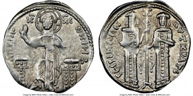 Andronicus II Palaeologus and Michael IX (AD 1294-1320). AR basilicon (22mm, 6h). NGC Choice XF. Constantinople, AD 1304-1320. KYPIЄ-BOHΘЄI, Christ en...