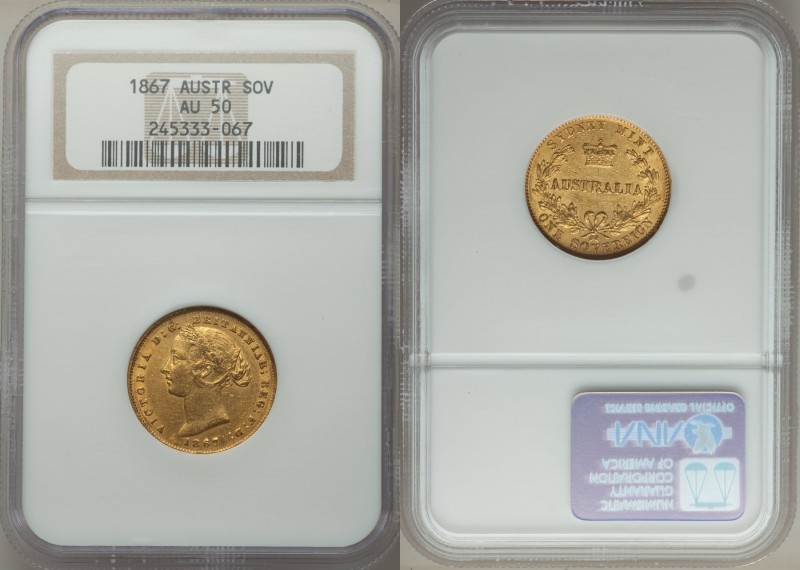 Victoria gold Sovereign 1867-SYDNEY AU50 NGC, Sydney mint, KM4, Fr-10. AGW 0.235...