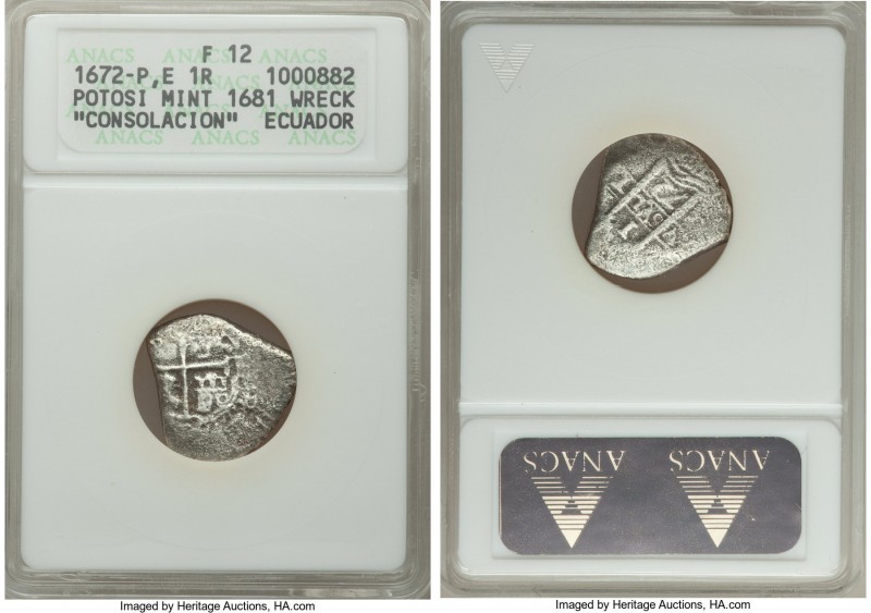 Charles II 3-Piece Lot of Certified Shipwreck Reales ANACS, 1) Cob Real 1672 P-E...