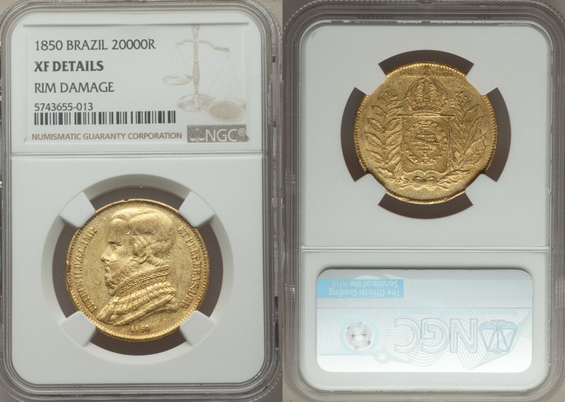 Pedro II gold 20000 Reis 1850 XF Details (Rim Damage) NGC, KM461. Three year typ...