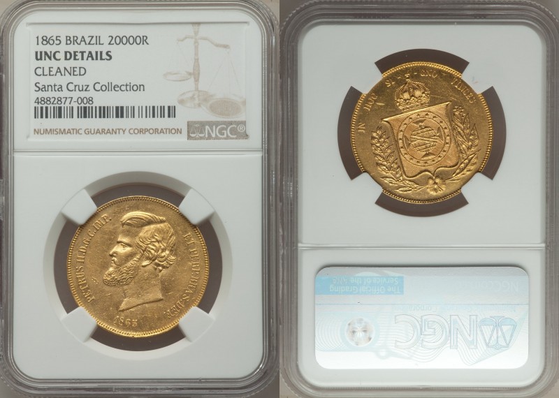Pedro II gold 20000 Reis 1865 UNC Details (Cleaned) NGC, Rio de Janeiro mint, KM...