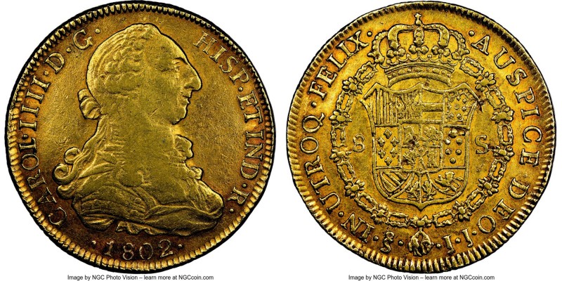 Charles IV gold 8 Escudos 1802-JJ XF45 NGC, Santiago mint, KM54. Goldenrod color...