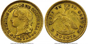 Republic gold Peso 1875-BOGOTA MS63 NGC, Bogota mint, KM157.2. Lovely satin surfaces, bold portrait. AGW 0.0467 oz. 

HID09801242017