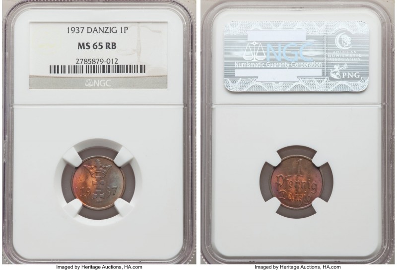 Free City Pfennig 1937 MS65 Red and Brown NGC, KM140. Beautiful blue crescent to...