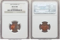 Free City Pfennig 1937 MS65 Red and Brown NGC, KM140. Beautiful blue crescent toning adorns the obverse while the reverse presents a hot pink hue with...