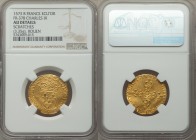Charles IX gold Ecu d'or au soleil 1573-B AU Details (Scratches) NGC, Rouen mint, Fr-378, Dup-1057. 3.35gm. CAROLVS VIIII D G FRANCORVM REX Crowned ar...