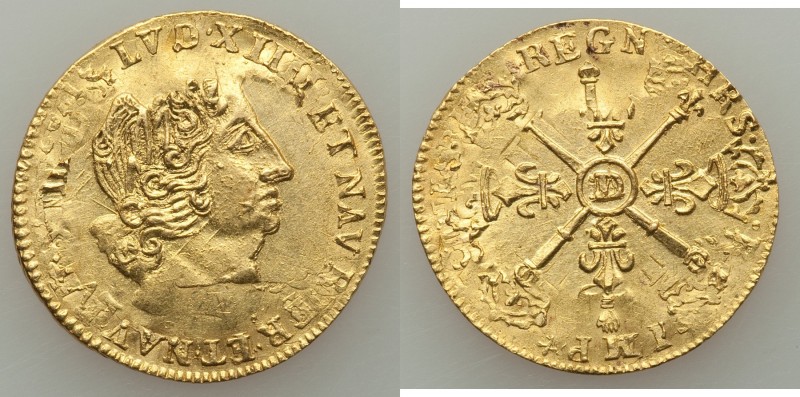 Louis XIV gold Contemporary Counterfeit Louis d'Or 1704-D AU, Lyon mint, KM-368....