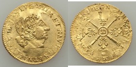 Louis XIV gold Contemporary Counterfeit Louis d'Or 1704-D AU, Lyon mint, KM-368.5. 26.0mm. 6.64gm. Contemporary counterfeit overstruck on genuine Loui...