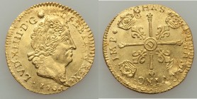 Louis XIV gold Contemporary Counterfeit Louis d'Or 1704-D A/U, Lyon mint, KM368.5. 25.8mm. 6.68gm. Contemporary Counterfeit overstruck on genuine Loui...