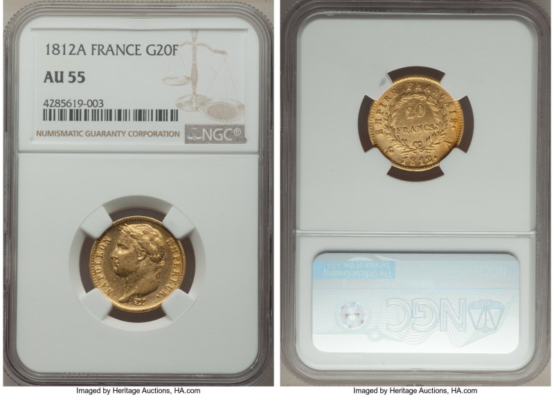 Napoleon gold 20 Francs 1812-A AU55 NGC, Paris mint, KM695.1, Fr-511. AGW 0.1867...
