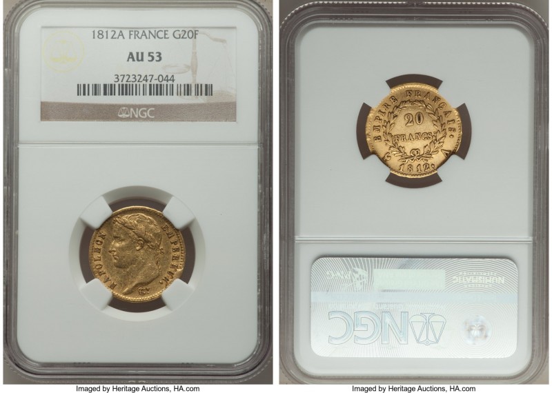 Napoleon gold 20 Francs 1812-A AU53 NGC, Paris mint, KM695.1, Fr-511. AGW 0.1187...