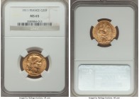 Republic gold 20 Francs 1911 MS65 NGC, KM857. Beautiful rose gold color with fine cartwheel luster. AGW 0.1867 oz. 

HID09801242017