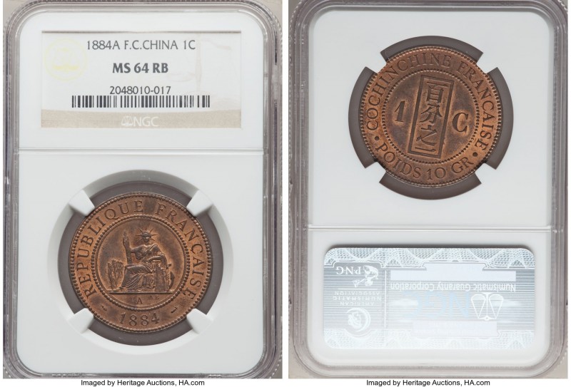 French Colony Cent 1884-A MS64 Red and Brown NGC, Paris mint, KM3. Full mint blo...