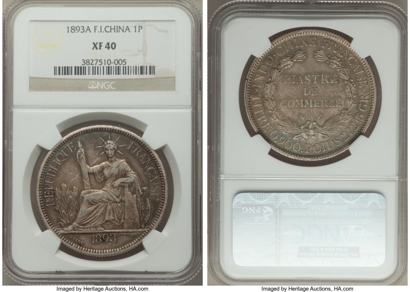 French Colony Piastre 1893-A XF40 NGC, Paris mint, KM5. Toning in shades of teal...