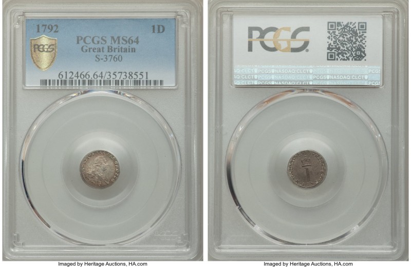 George III Penny 1792 MS64 PCGS, KM610, S-3760. Light gray toning with a tinge o...