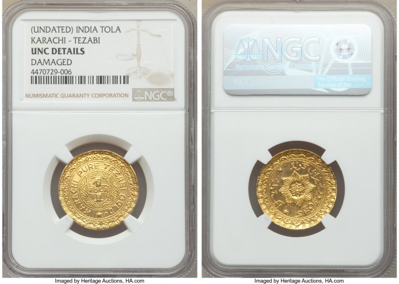 Karachi Tezabi Private Issue gold Tola ND UNC Details (Damaged) NGC, KM-X Unl.

...