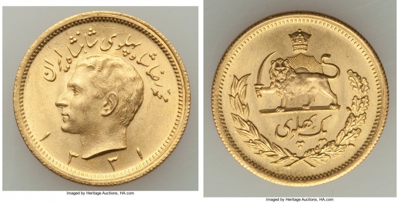 Muhammad Reza Pahlavi gold Pahlavi SH 1331 (1952) UNC, KM1162. 22.2mm. 8.15gm. A...