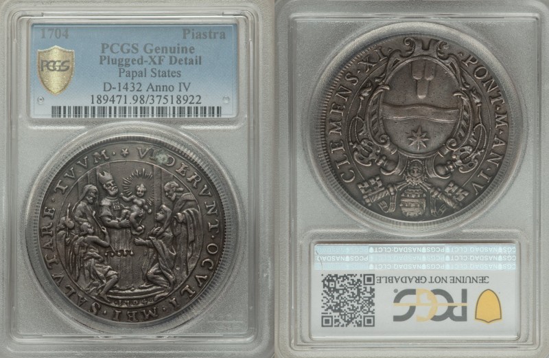 Papal States. Clement XI Piastra Anno IV (1704) XF Details (Plugged) PCGS, Rome ...