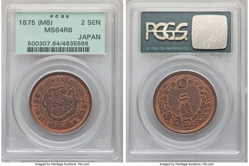 Meiji 2 Sen Year 8 (1875) MS64 Red and Brown PCGS, KM-Y18.1. Boldly struck and q...