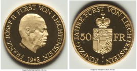Franz Josef II Proof gold 50 Francs 1988 PR UNC, KM-Y21.50th anniversary of reign.

HID09801242017