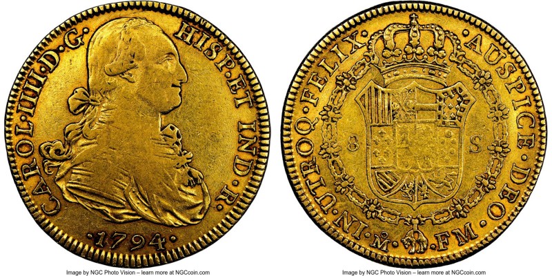 Charles IV gold 8 Escudos 1794 Mo-FM VF35 NGC, Mexico City mint, KM159. AGW 0.76...