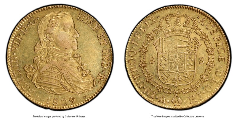 Ferdinand VII gold 8 Escudos 1809 Mo-HJ AU58 PCGS, Mexico City mint, KM160. Full...