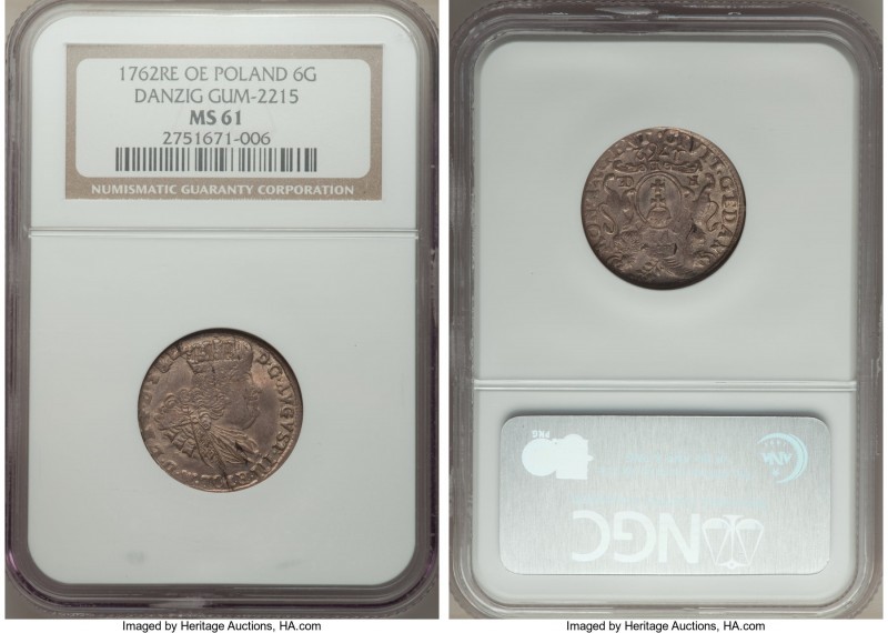 Danzig. August III 6 Groszy 1762-REOE MS61 NGC, KM117. Although weakly struck, t...