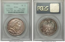 Republic 10 Zlotych 1933-(w) MS64 PCGS, Warsaw mint, KM-Y23. Iridescent toning throughout.

HID09801242017