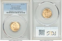Confederation gold 10 Francs 1922-B MS66 PCGS, Bern mint, KM36. AGW 0.0933 oz. Ex. Chaponnière Collection.

HID09801242017