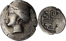 CRETE. Knossos. AR Stater (10.16 gms), ca. 330-300 B.C. CHOICE VERY FINE.
cf. Le Rider-23-4; SNG Cop-Unlisted; BMC-Unlisted. Obverse: Female head lef...