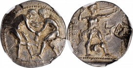 PISIDIA. Selge. AR Stater (10.91 gms), ca. 400-325 B.C. NGC AU, Strike: 4/5 Surface: 4/5. Countermark.
SNG BN-1922; SNG von Aulock-5255. Obverse: Two...