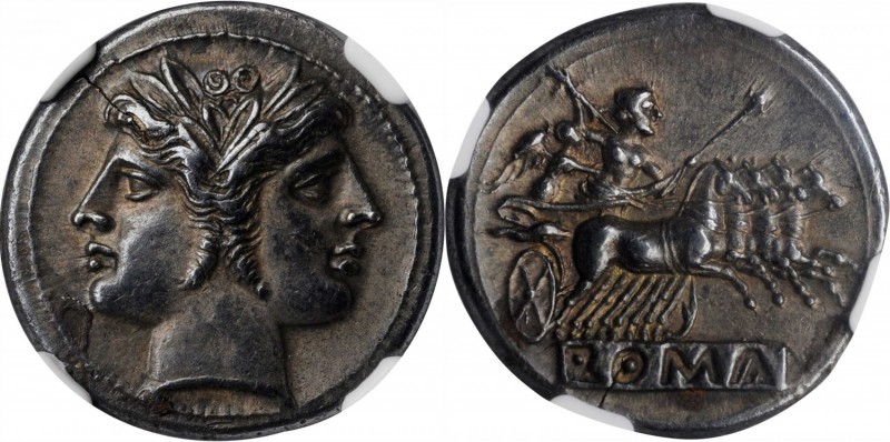 ROMAN REPUBLIC. Anonymous. AR Quadrigatus (6.63 gms), Uncertain Mint, ca. 225-21...