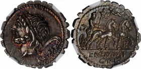 ROMAN REPUBLIC. L. Memmius Galeria. AR Denarius Serratus (3.85 gms), Rome Mint, 106 B.C. NGC Ch MS★. Strike: 5/5 Surface: 5/5.
Cr-313/1c; Syd-547a. O...